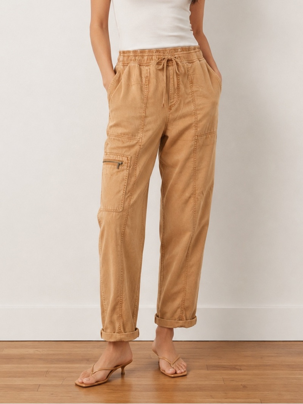 Nicole Miller Utility Pants Drawstring Women’s L Cargo Pocket Cuffed Cotton Y2K